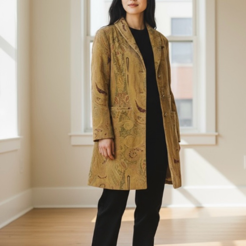 Suzanne Somers Olive and Gold Paisley Single-Breast Trench